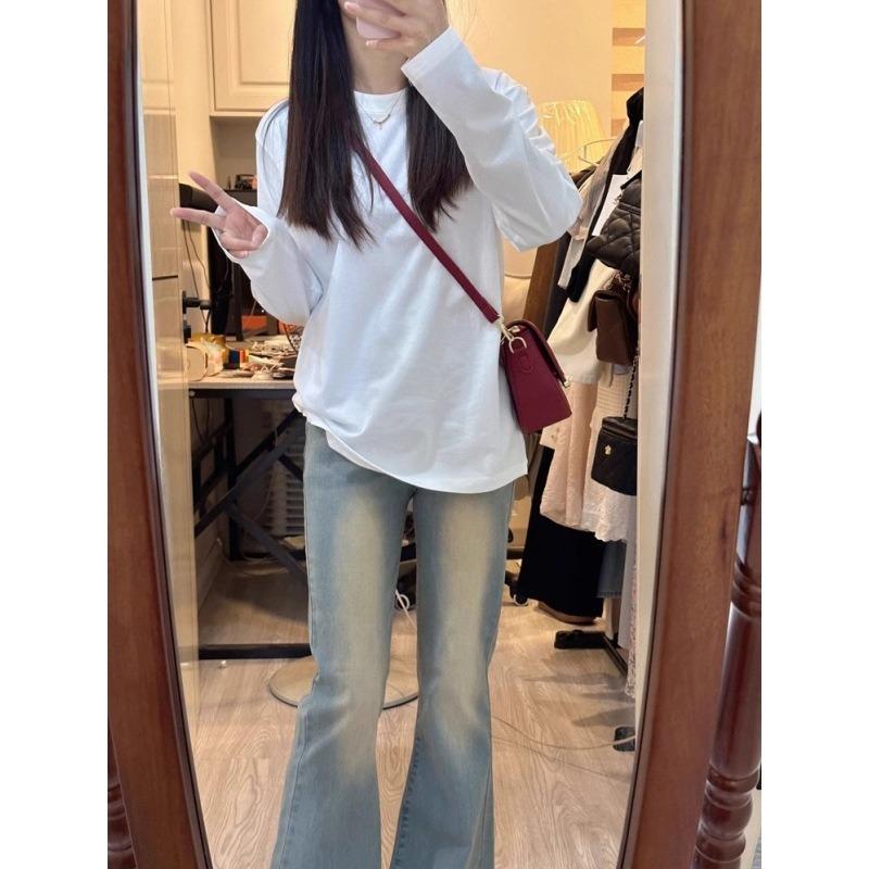 Белая базовая футболка женская из чистого хлопка, весенний простой повседневный топ с длинным рукавом для ношения под одеждой, теплая футболка из немецкого бархата с наплечниками