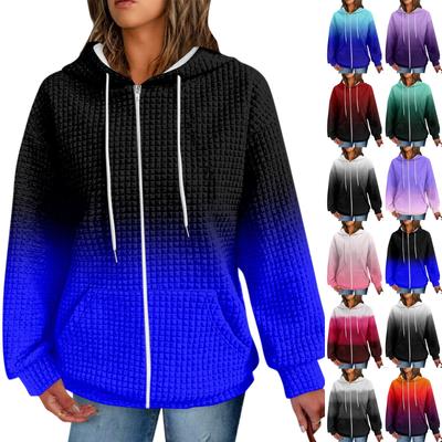 Женская мода градиентный принт длинный рукав пальто карман свободная молния с капюшоном толстовка куртка