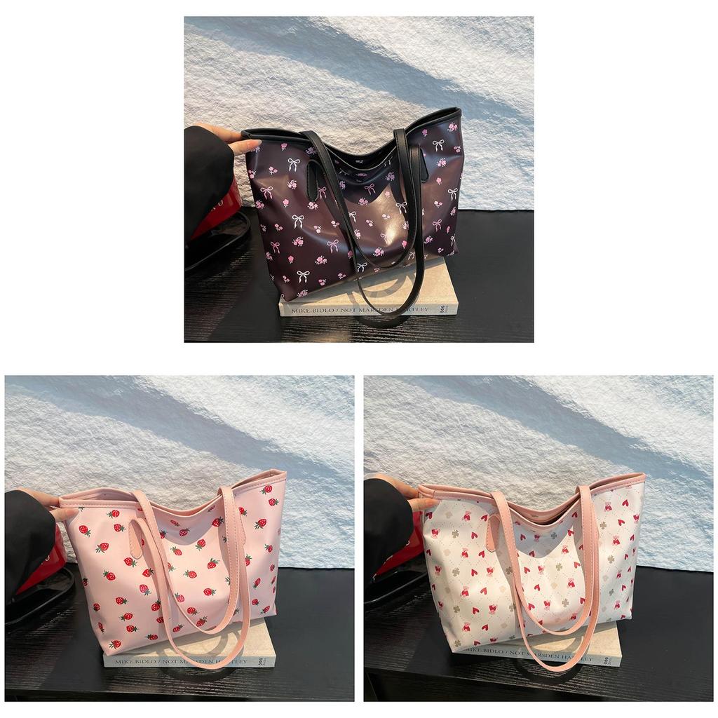 Sweet Cherry Printed Tote Bag For Women Large Capacity Street Style Pu Handbag