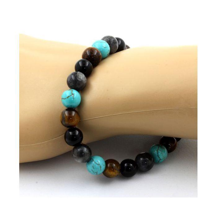 Pierres et Minéraux. Bracelet Perles Labradorite + Turquoise + Agate noire + Oeil de Tigre Fabriqué en France.
