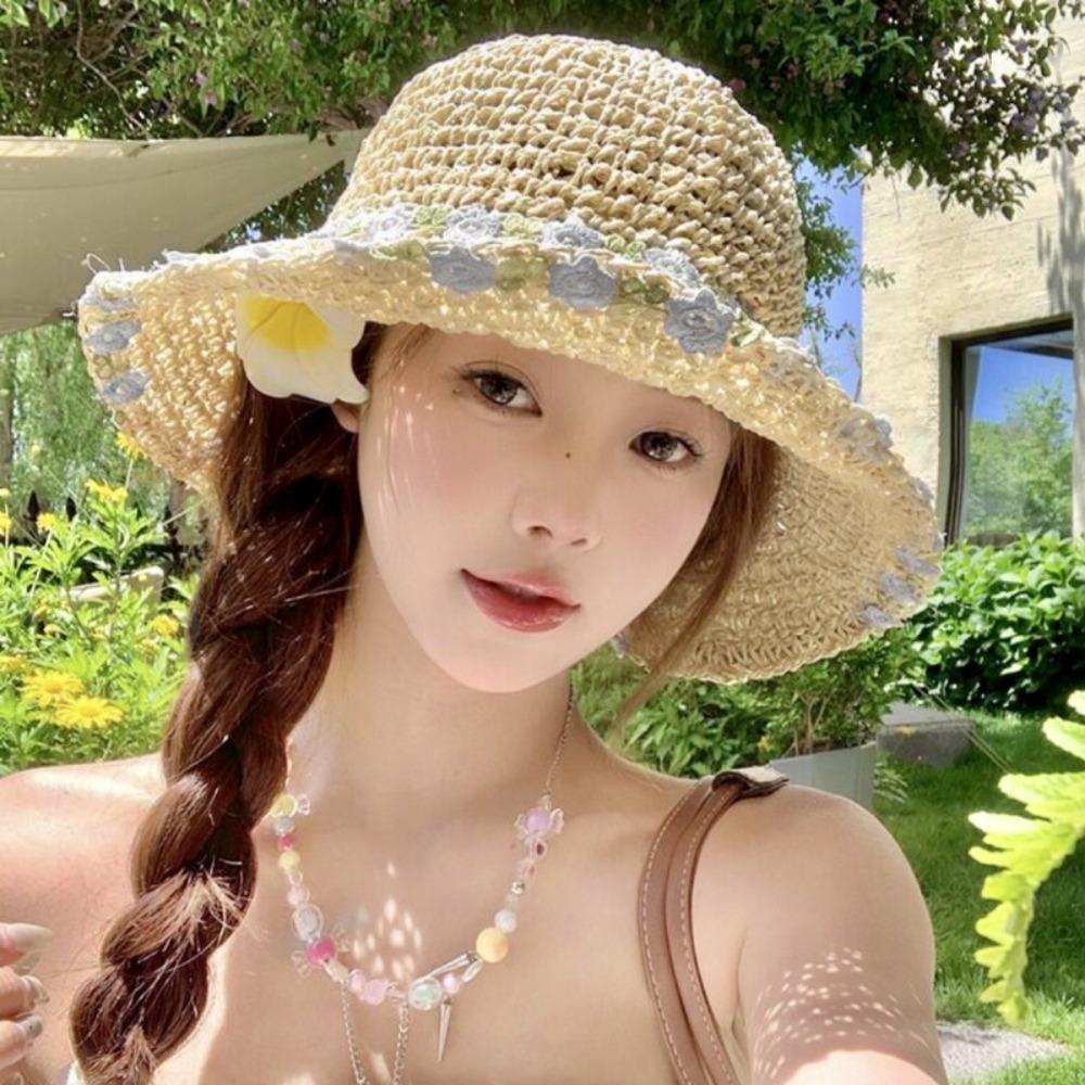 Однотонная женская шляпа-ведро с козырьком, широкополая пляжная шляпа, модная соломенная шляпа с цветком, для морского отдыха