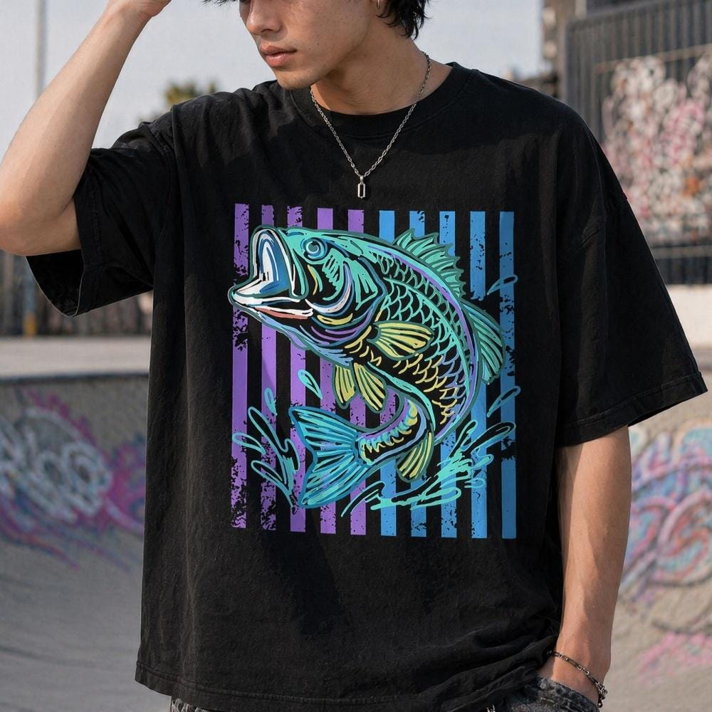 Retro Bass Fish T-Shirt, Fish Tattoo Style T-Shirt, Tropical Bright Color Fish Tshirt, Fisher Tee, Coastal Beach T-shirt(Unisex, runs small)