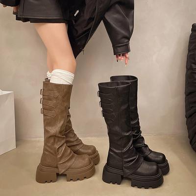 Винтажные женские ботфорты на платформе, модные слипоны, осенне-зимние лаконичные длинные боты для женщин
