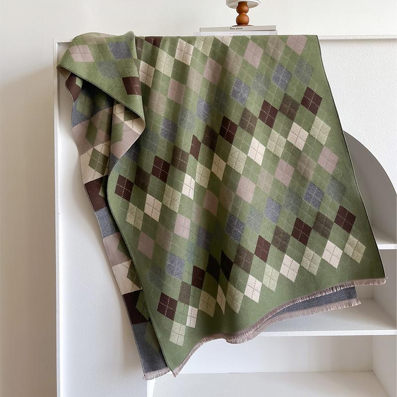 Британская версия Осенне-зимний утолщенный короткий шарф с бахромой и геометрическим ромбовидным узором, универсальный шарф-шаль из имитации кашемира, женский шарф