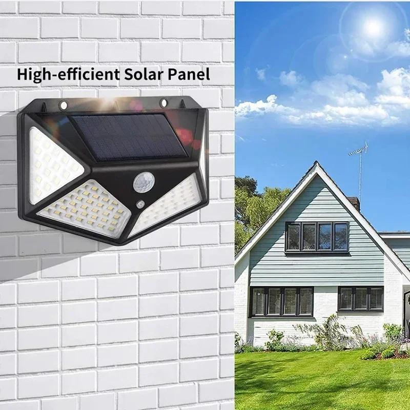 4 шт. Уличные беспроводные солнечные фонари 100 LED, водонепроницаемые, с датчиком движения, для обеспечения безопасности, настенное освещение для улицы, для двора