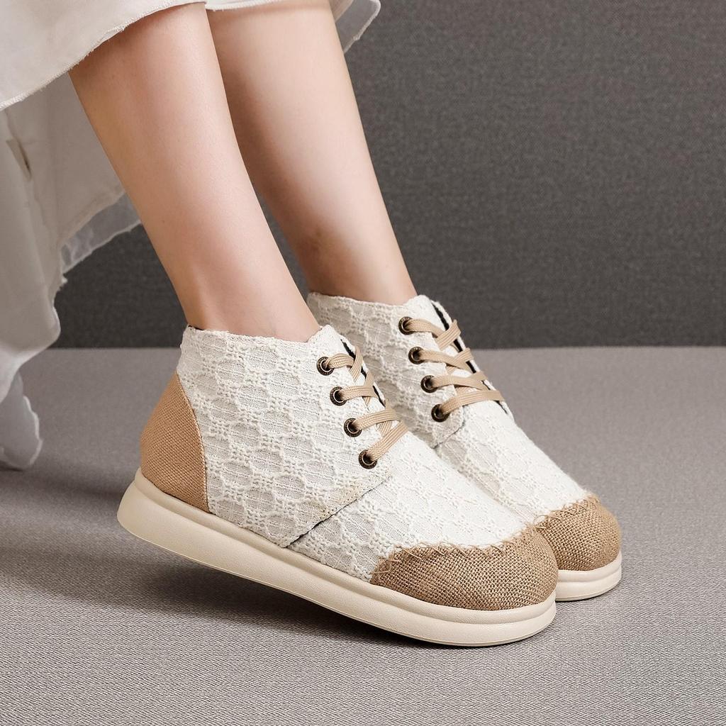 Женские ретро этнические вышитые высокие ботильоны на шнуровке, спортивные льняные туфли Осень/Зима 2025