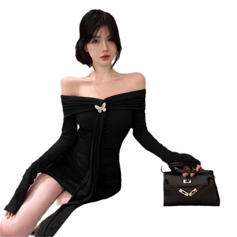 Женское осеннее фиолетовое платье на одно плечо с халтер-воротом, длинными рукавами, тонкой талией и приталенной юбкой