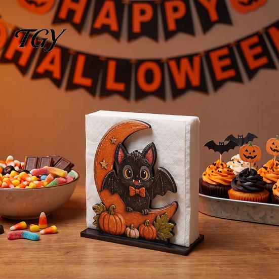 Funny Halloween Home Accessories Wood Napkin Holder, Vintage Rustic Dispenser Organizer, Spooky Ghost Holder Black Cat Boo Tissue Stand for