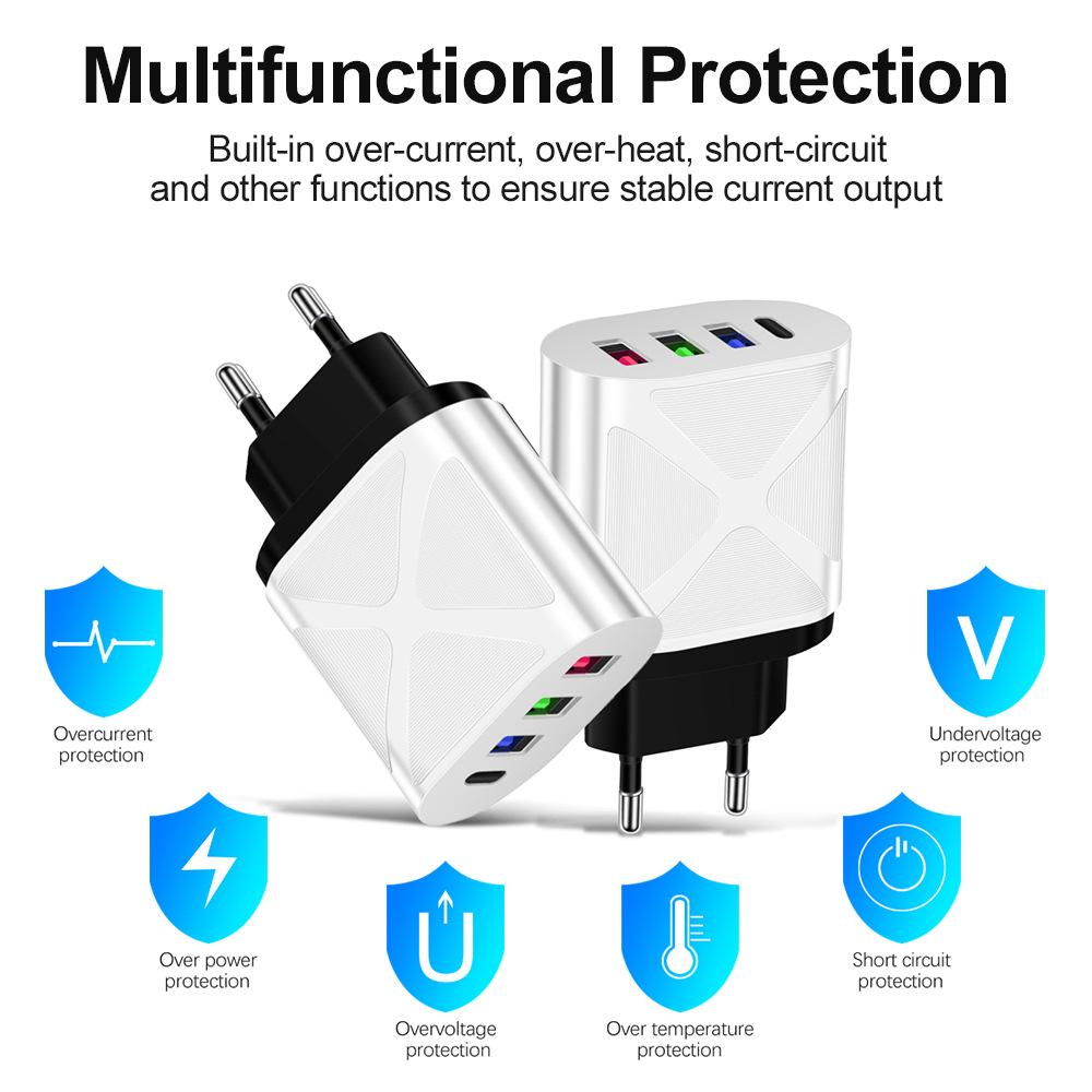 Multi-Port Travel Charger: 3 USB, Type-C, 5V2.4A EU/US/UK Standards