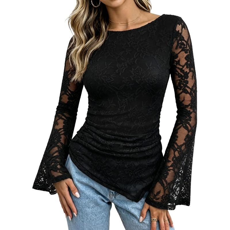 Women's T-shirt 2026 Autumn New Lace Long Sleeve Folds Asymmetrical Women's T Shirt Fashion Thin Slim Fit Round Neck Office Lady Tee Top