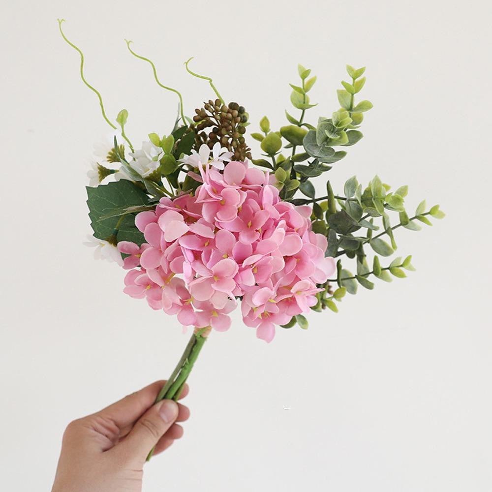 Luxury Artificial Hydrangea Eucalyptus Bouquet Plastic Realistic Fake Flower Elegant Hydrangea Flowers Home Hotel Table Decor