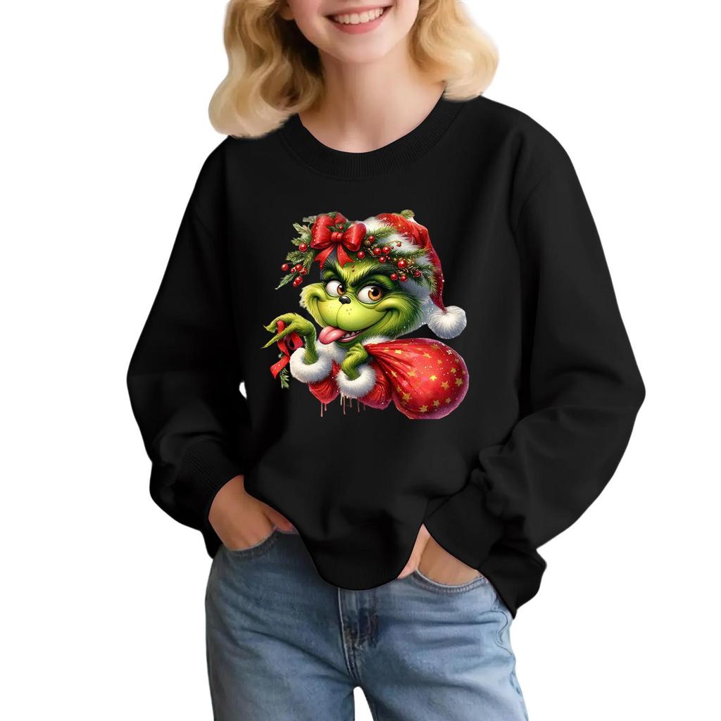 Kids' Fashion Loose-Fit Casual Long-Sleeve Christmas Print Oversized Crewneck Sweatshirt