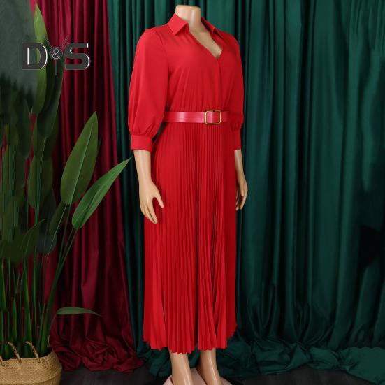 Летнее женское платье с V-образным вырезом и лацканами, трапециевидной формы, рукава три четверти, плиссированная тонкая талия, большие размеры, чистый цвет, длина до середины икры, OL, повседневное платье миди