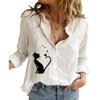 Women Fashion Cat Print Cotton Linen Shirt Ladies Lapel Collar Buttoned Top Spring Summer Fall Casual Loose Long Sleeve Blouses