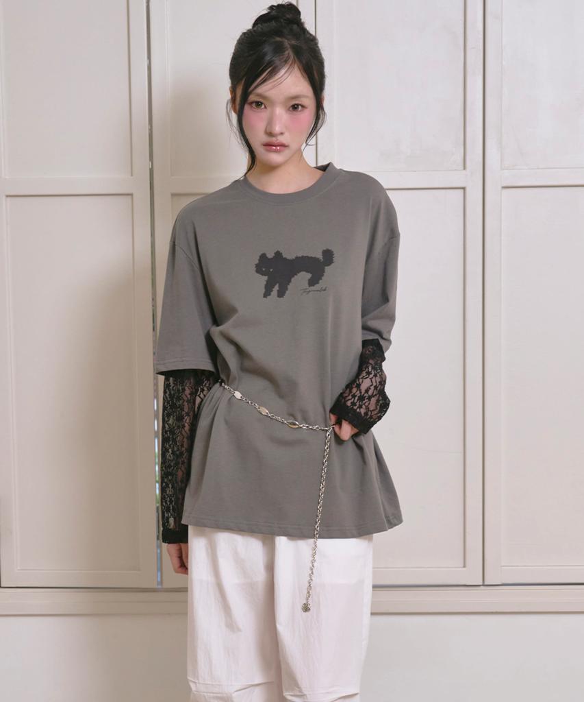 THE GREEN LAB Lace Sleeve Layered Cat T-Shirt [Charcoal Gray]