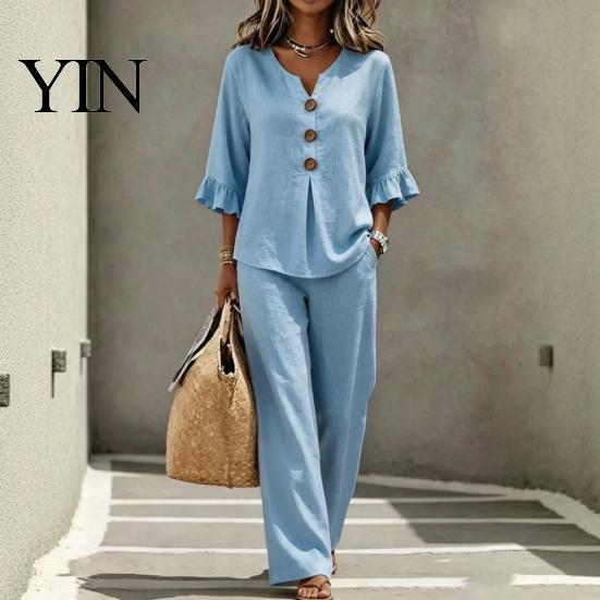 Slimming Wide Leg Pants Summer 2 Piece Sets for Women, Casual Ruffle 3/4 Sleeve Buttons V Top Women Neck And Matching Set, Loose Vacation Lounge