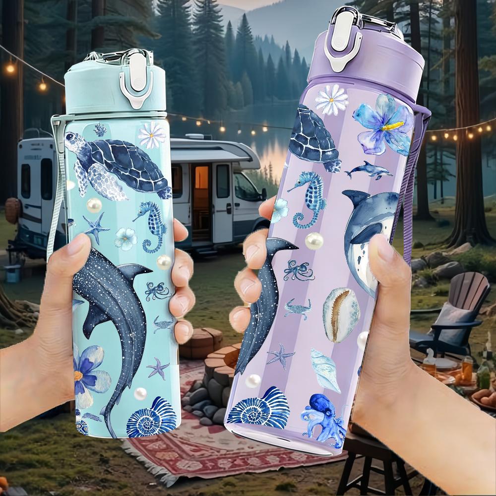 1PC Blue Grey Dolphin Coral Repeat Texture 750ml Color Plastic Water Bottle Leakproof Flip Straw Lid For Sports Office Home Use