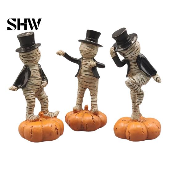 Halloween Sand Table Landscaping Dancing Mummy Figurines with Pumpkin Base, Funny Gentleman Top Party Atmosphere Prop Hat Statue, Spooky Tabletop