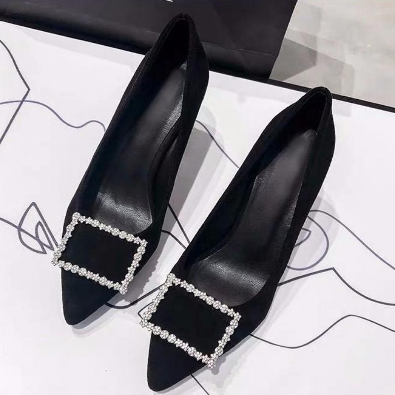 Туфли для женщин 2024 года, супер-высокие каблуки, женская летняя обувь с кристаллами, квадратный каблук, черный, со стразами, бриллиантами, офисная, стильная А