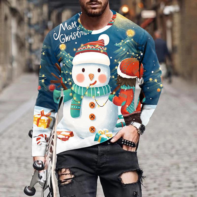 Осенняя футболка, новая мужская футболка с длинным рукавом и цифровым принтом, свободная толстовка с круглым вырезом и рождественским принтом, 3D футболка