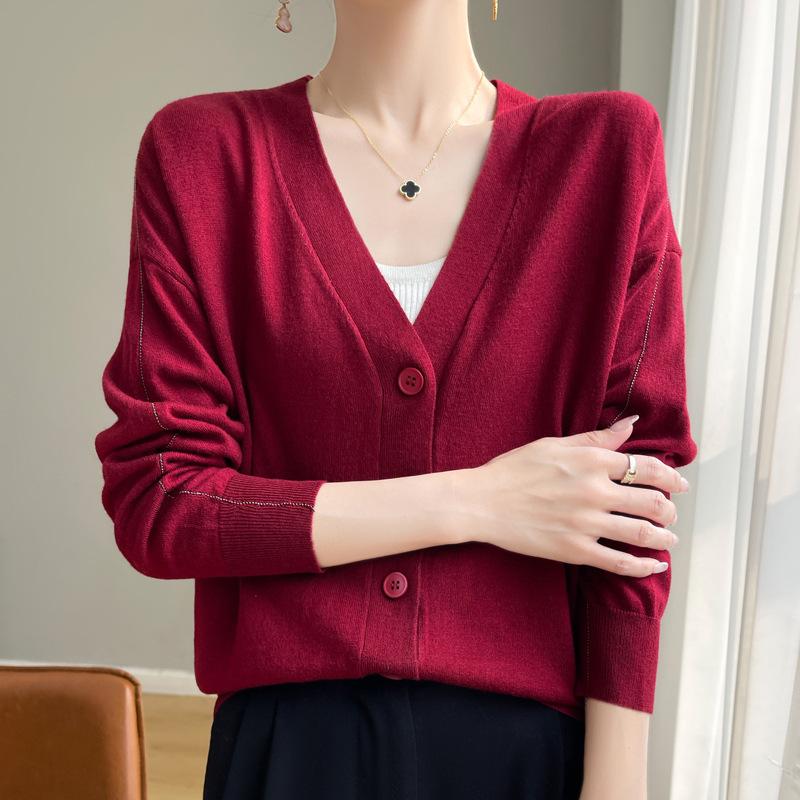 Весенне-осенний женский трикотаж с V-образным вырезом, кардиган, свитер, длинный рукав, куртка