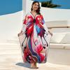 2024 Women's Plus Size Kaftan Beach Maxi Dress Red Butterfly Printed Turkish Robe Summer Holiday Beachwear Bathing Suit Cover Up Q1588