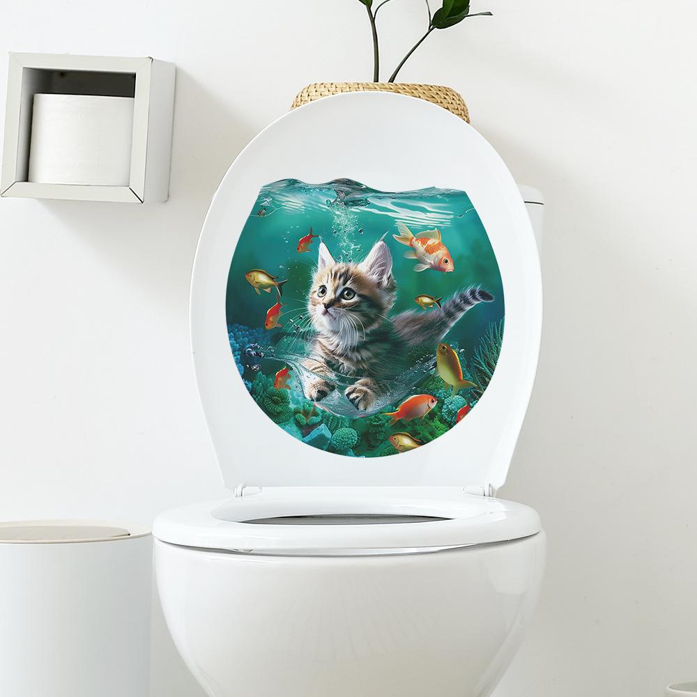 Мультфильм Подводный мир Кошка Туалет Наклейки Ванная Комната Украшения Дома Наклейки На Стены
