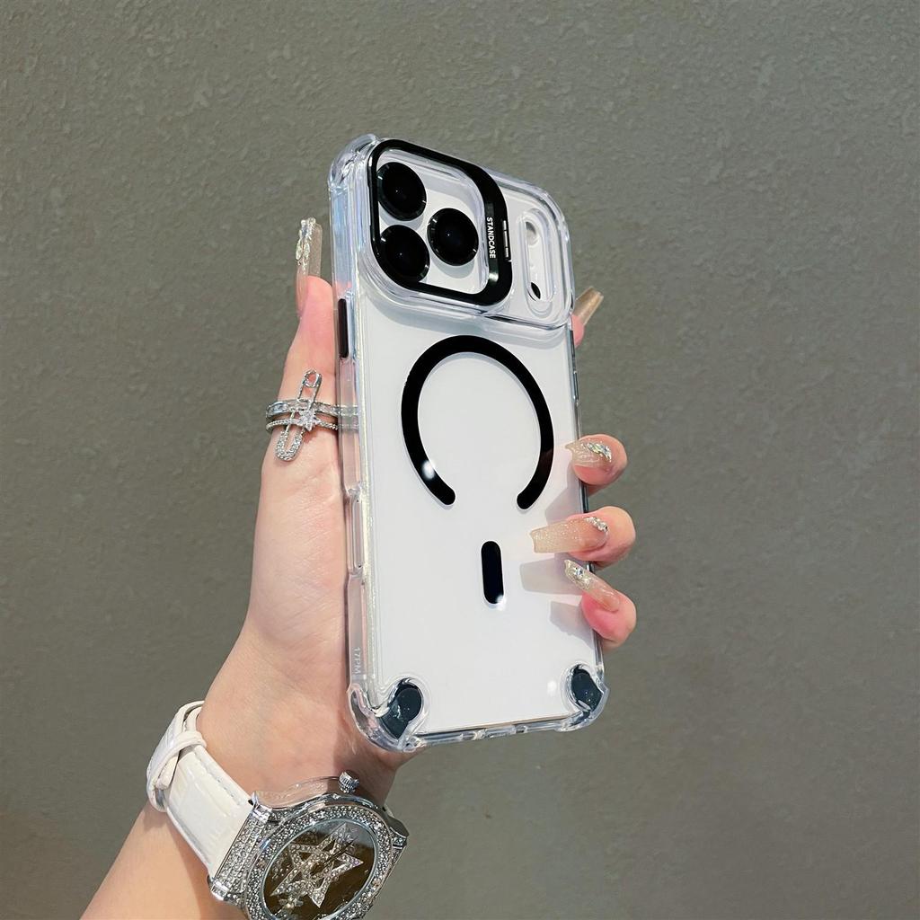 Металлический чехол-подставка для iPhone 17, совместимый с линзами, с магнитной функцией, высокой прозрачностью и защитой от падения с подушкой безопасности