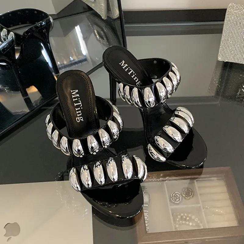 Fashion Luxury Metal Decorative Mules Slippers Women Summer Sexy Open Toe Elegant Thin High Heels Pumps Patent Leather Slide Sandals