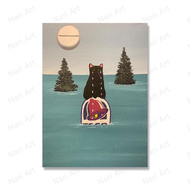 Винтажный абстрактный плакат с черным котом, четыре сезона, цветочная еда, кошачий принт, настенная картина, веселая ванная комната