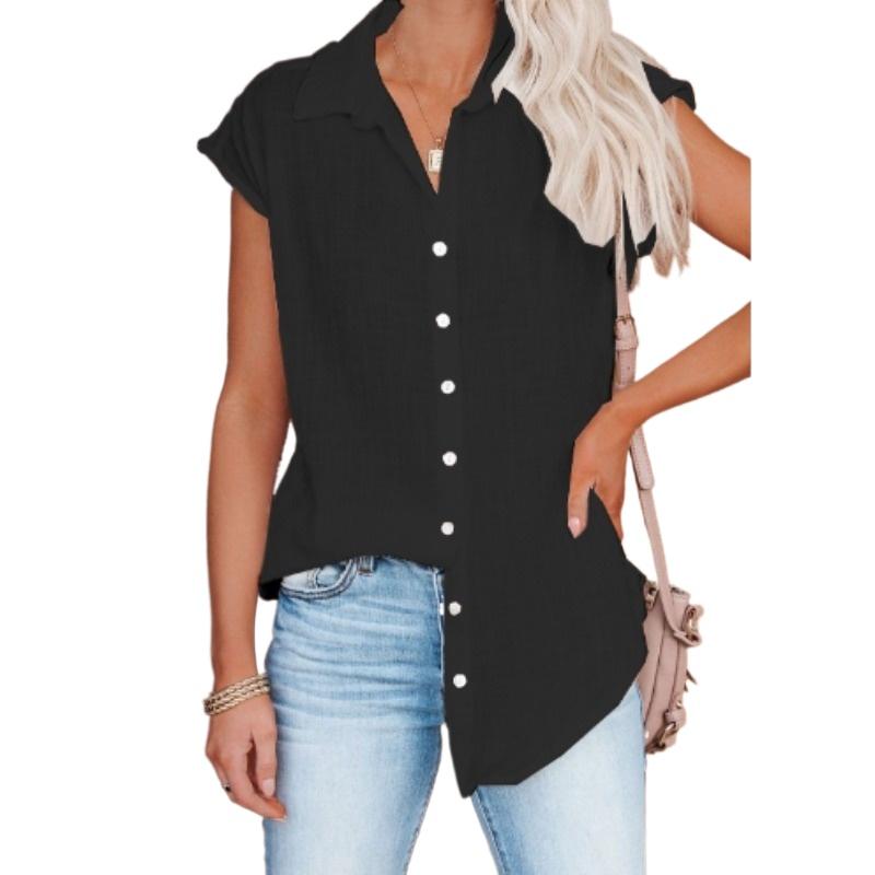 Летняя женская однобортная рубашка однотонного цвета, женская повседневная блузка с коротким рукавом и лацканами