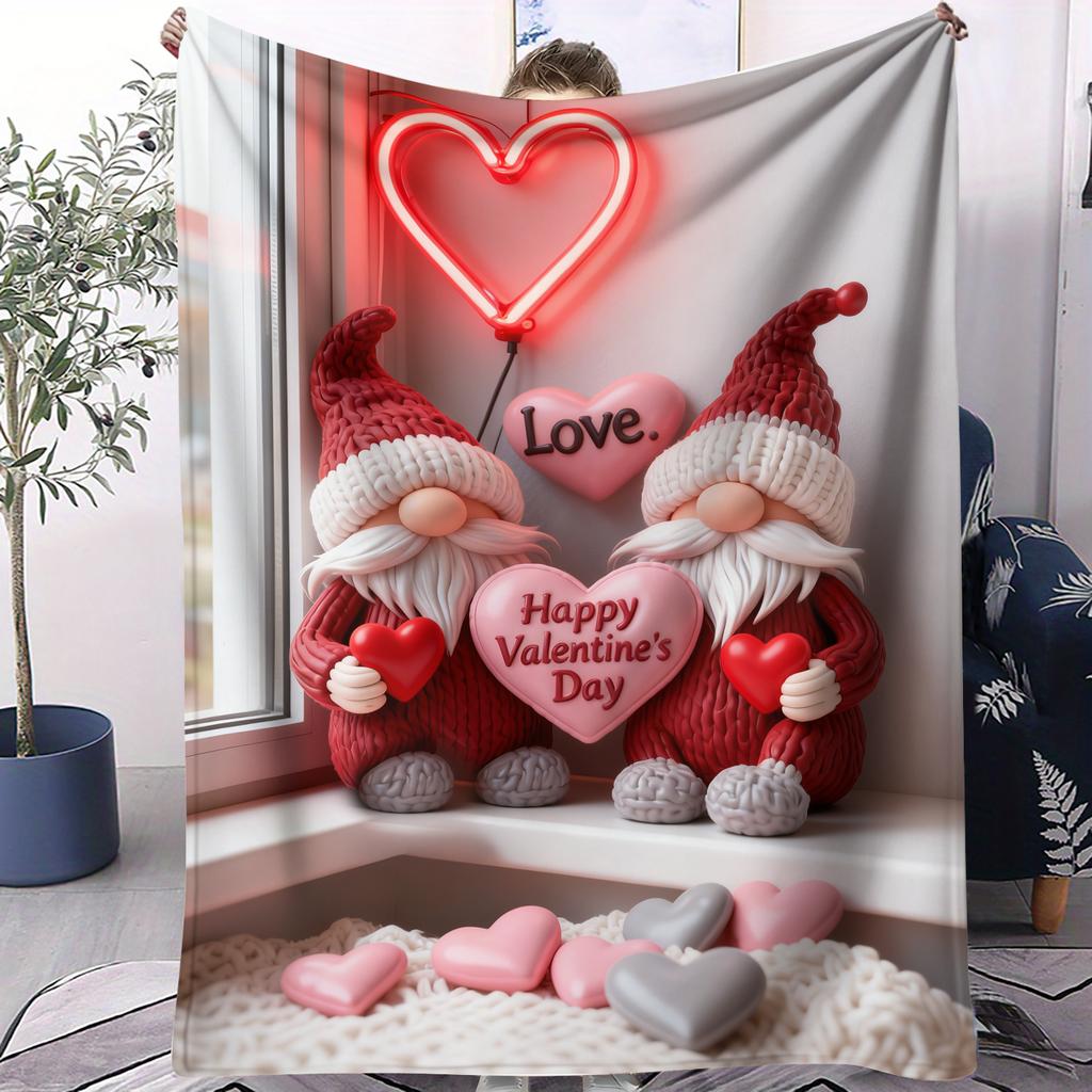 Gnome Couple Love Themed Flannel Blanket Happy Valentines Day Warm Plush Throw for Home Decor Sofa Bed Cover Camping Travel