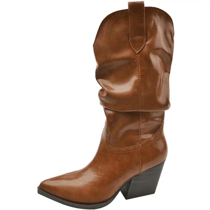 Винтажные женские сапоги-ковбойши с острым носком, модные туфли без застежек, осень-зима, на толстом каблуке, женские полусапожки до середины голени