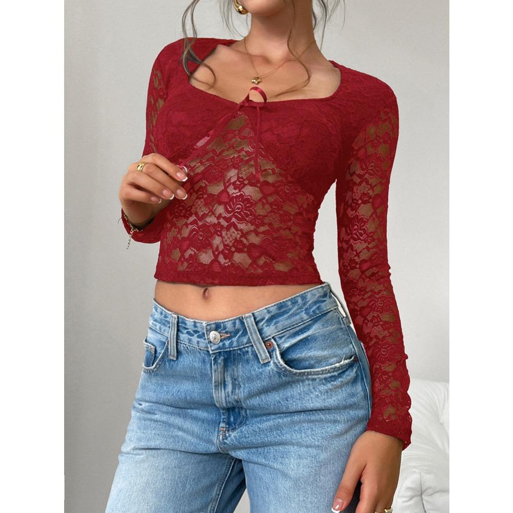 Женские топы весна-лето новая сексуальная ветровая рубашка тонкая ажурная футболка с длинными рукавами кружевная рубашка блузка