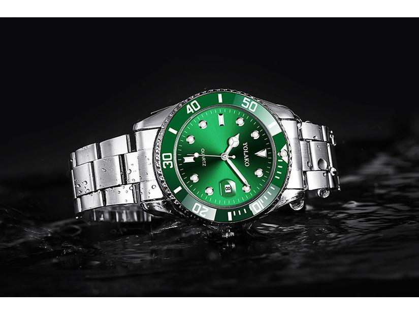 Мужские часы высокого класса из зеленого водного кварца-призрака с календарем и стальным браслетом