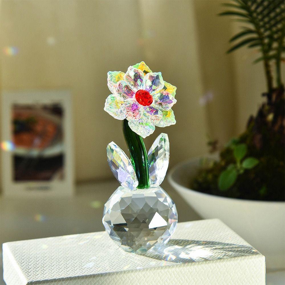 Round Base Crystal Flower Figurine Handmade Glass Flower Statue Crystal Sunflower Collectible Wife