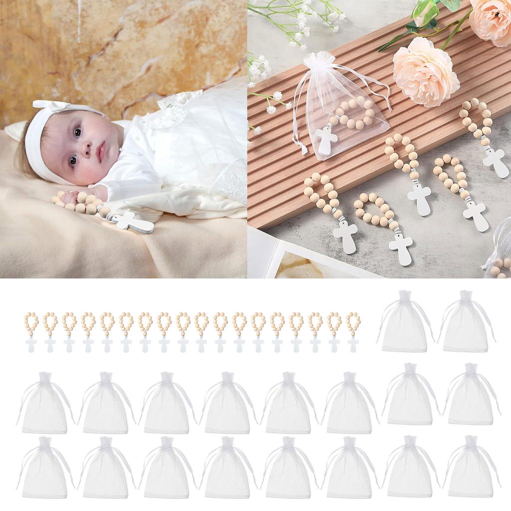 18Pcs Catholic Wooden Rosary Beads Bracelet with Crosses Pendant with Mesh Drawstrings Bag for Baptism First Communion