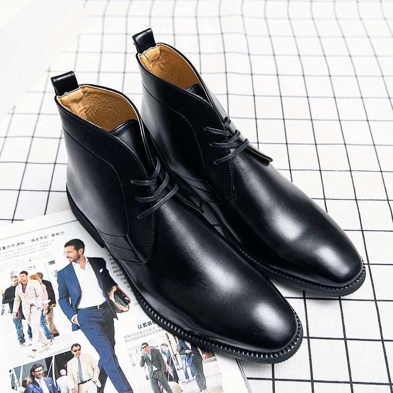 Fashion Men Ankle Boots Brown Black Blue Motorcycle Boots Lace Up Business Handmade Pu Leather Shoes for Men with