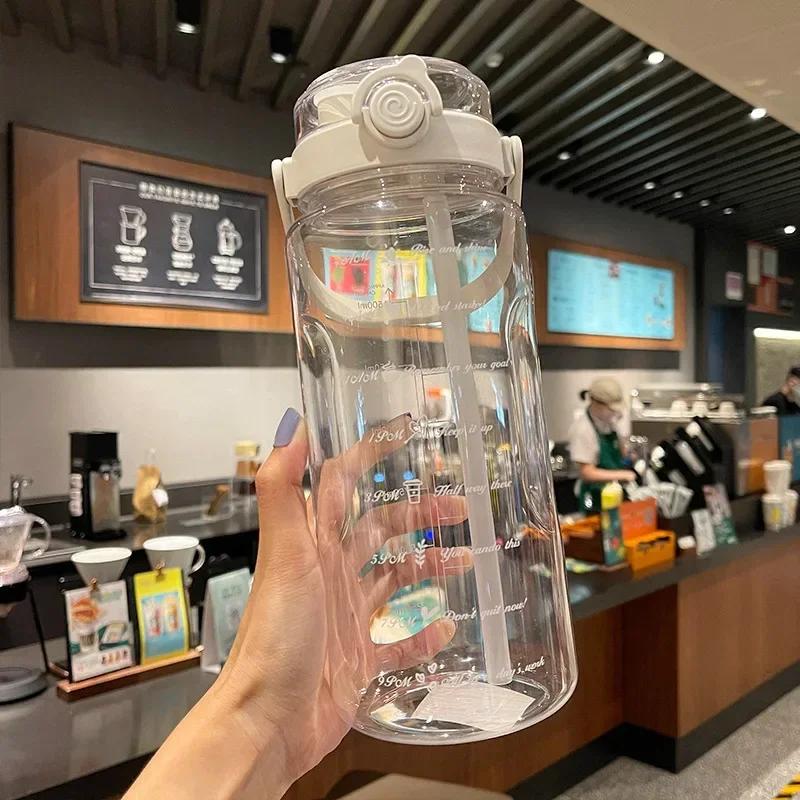 2L Sport Straw Water Bottle Time Scale Plastic Summer Cold Juice Water Cup Large Capacity Portable Travel Bottles Water Bottle