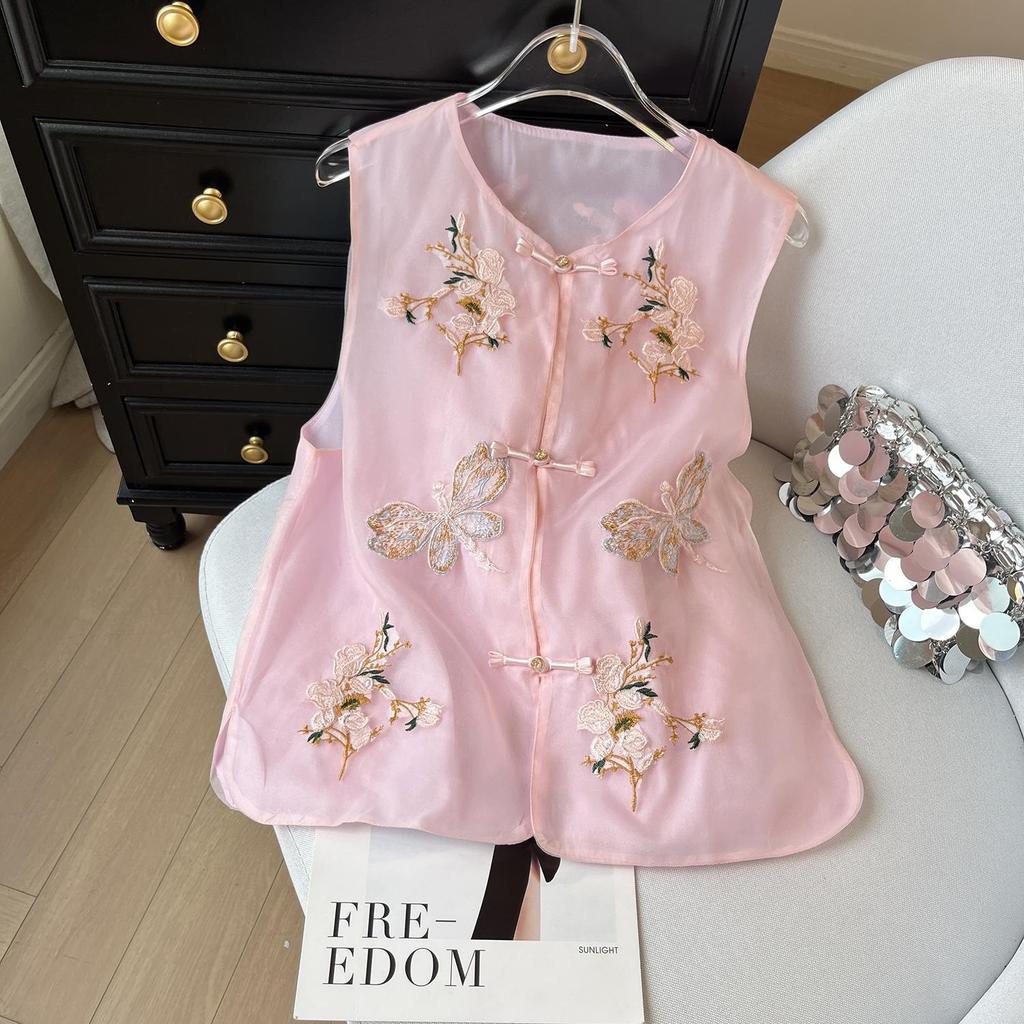 Butterfly Embroidered Pink Vest Vest Female Summer Chinese Embroidered Disc Buckle Vest Top Thin