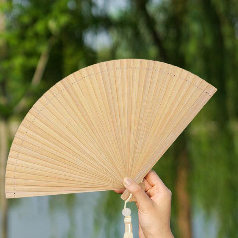 1Pc Folding Fan Handmade With Tassels Handcraft New Year's Gift Vintage Bamboo Chinese Style Solid Color