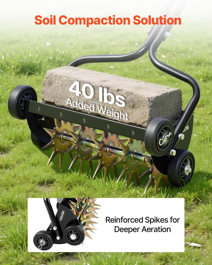 Lawn Aerator, 18 in Manual Push Spike Aerator with 4 Wheels & Handle, Heavy Duty Grass Aerators, Supports 40 lbs Added Weight, Rolling Lawn Aeration