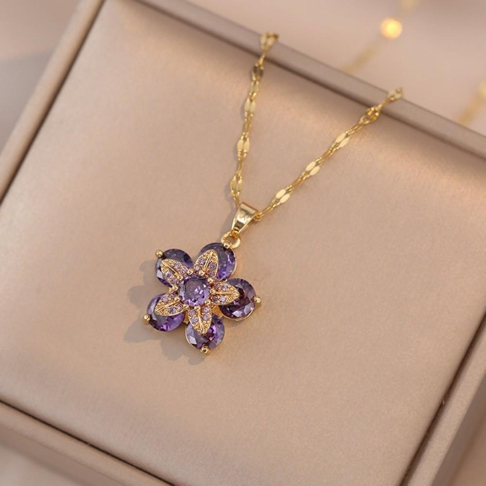 Crystal Zircon Pendant Necklace Shiny Petal Gold Necklace Rotatable Flowers Choker Date Night