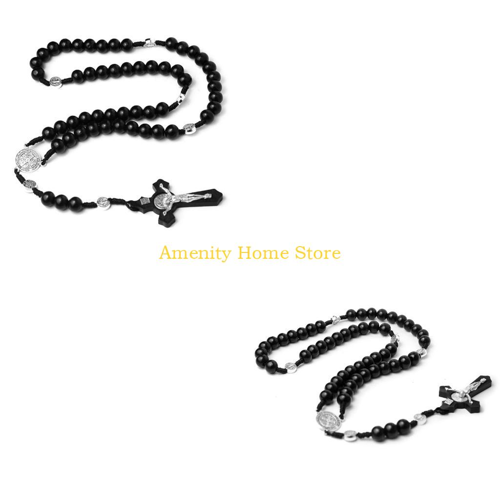 F26C Wood Bead Cross Rosary Necklace Hangable Pendant Crafts Long Bead Chain for Christmas Party Church Decorations