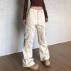 2024 Women's Retro Off-White Pleated Cargo Pants with Multiple Pockets