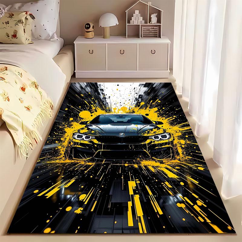 Black Sports Car with Yellow Splash suitable as a non-slip mat for the living room or bedroom sofa
