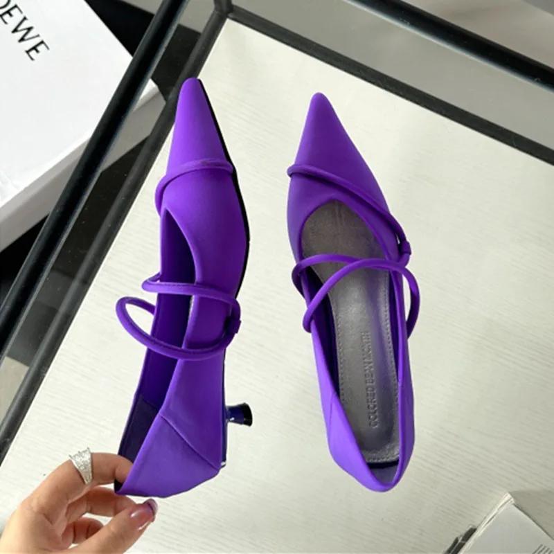 Модные замшевые женские туфли-лодочки фиолетового цвета с острым носком, лаконичные, с перекрестным ремешком, на тонком каблуке, мюли, обувь для банкета, свадьбы, элегантные туфли на низком каблуке для дам