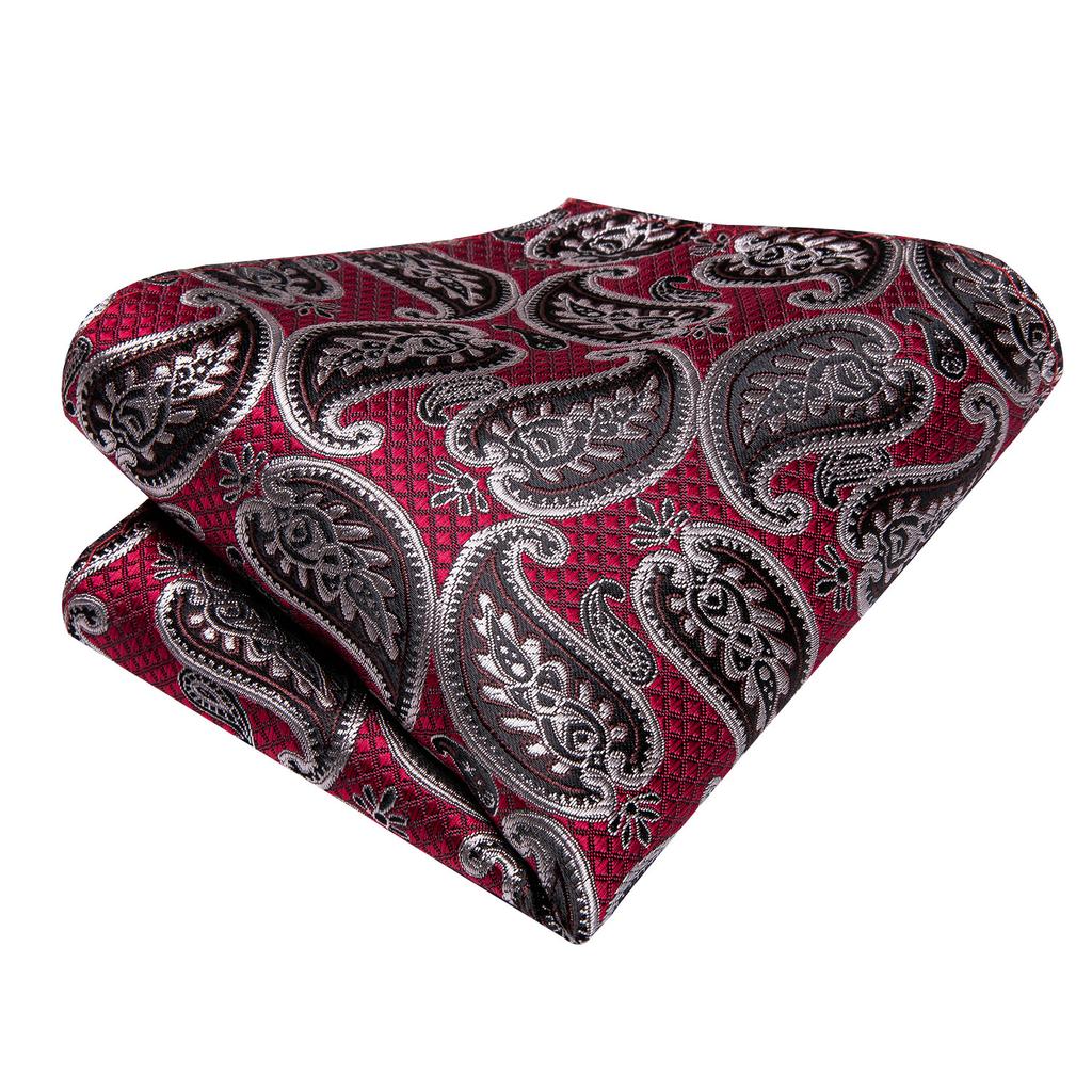 Hi-Tie Fashion Mens Wine-Red Paisley Necktie Hanky Cufflinks for Business Wedding