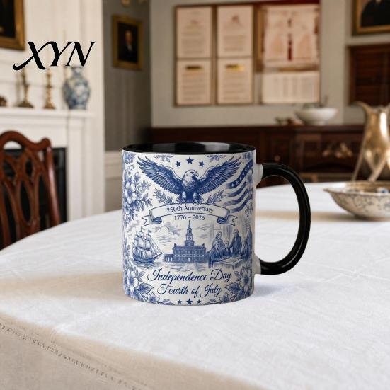 Independence Day Cup USA 250th Anniversary Blue Mug, Patriotic Ceramic Coffee with Heritage Eagle Flag Design, Gift for Veterans Men Women Durable