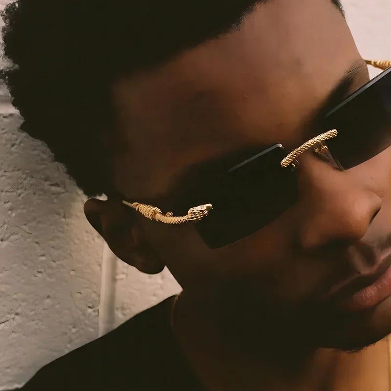 Металлические солнцезащитные очки с квадратной оправой и острыми краями, в стиле змеи, для мужчин, модные, без оправы, персонализированные очки, трендовые, ретро, с линзами цвета морской волны